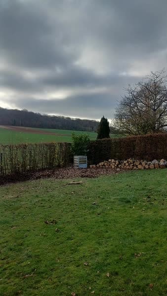 Le même emplacement dégagé après abattage : bois empilé et terrain nettoyé