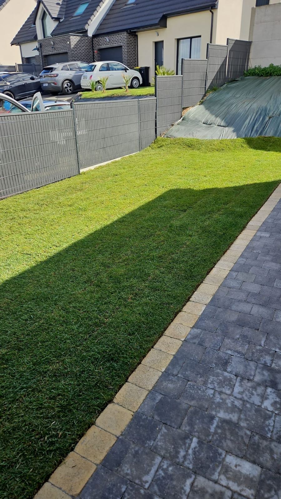 Le même terrain recouvert d'une pelouse bien verte après pose des rouleaux